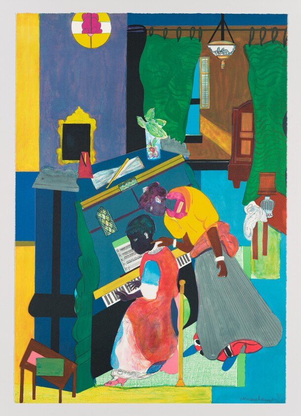 A colorful artwork depicting two figures playing a piano in a vibrant, abstract interior setting. The piano player, dressed in red, is seated, while the other figure in yellow leans over the piano from behind. The room is filled with bold shapes and colors, including green curtains, a blue wall, and a yellow floor. Decorative elements like a plant, a mirror, and a chandelier add to the scene's complexity. The style is reminiscent of a collage with various textures and patterns.