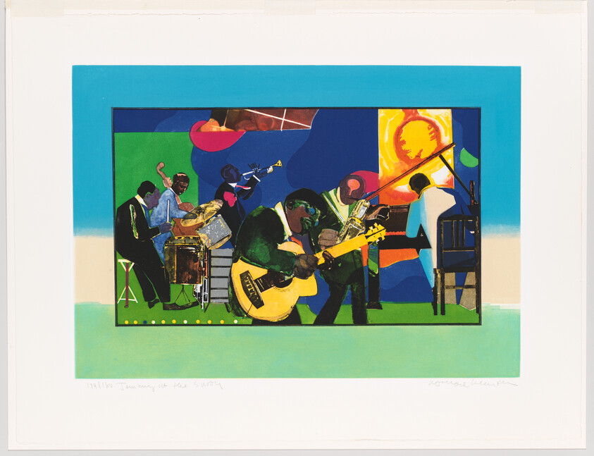 A vibrant, stylized print depicting a jazz band in mid-performance with musicians playing the piano, drums, double bass, guitar, and saxophone. The background features abstract shapes and bright colors, suggesting a lively musical atmosphere. The artwork is numbered and signed at the bottom.