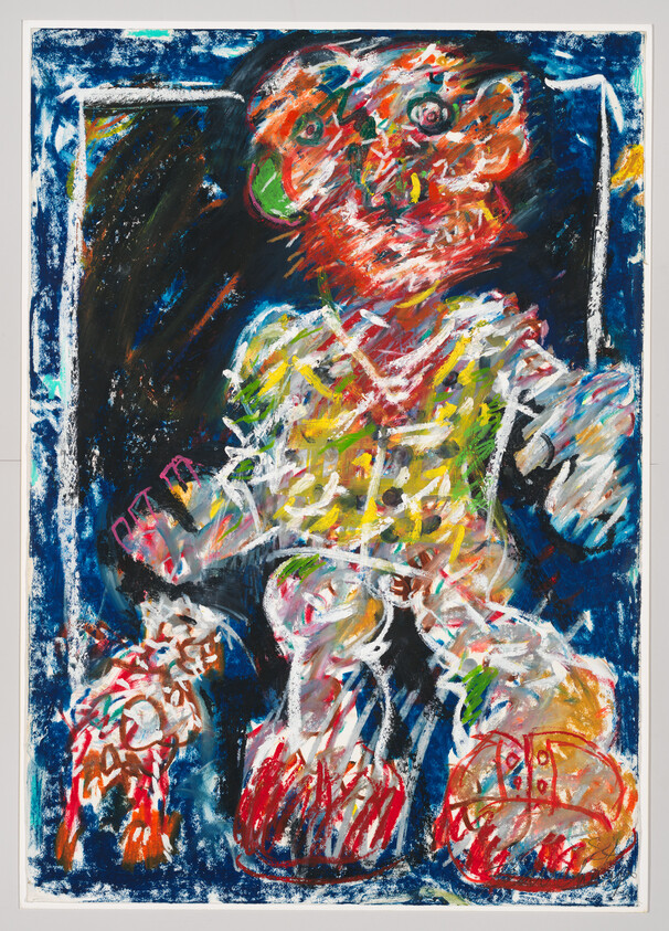 A brightly colored, rough-painted humanoid figure stands next to a small animal on a dark background.