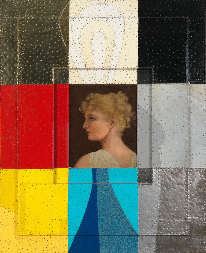 A collage of nine square panels arranged in a 3x3 grid, each with a different texture, color, or image. The top row features a dark, textured panel with studs on the left, a cream panel with a simple line drawing in the center, and a black panel with subtle lines on the right. The middle row has a bright red panel on the left, a classical portrait of a woman in profile in the center, and a grayscale panel with varying shades on the right. The bottom row includes a vibrant yellow panel on the left, a blue panel with a geometric design in the center, and a metallic panel with raised dots on the right. The overall effect is a diverse and contrasting collection of visual elements.