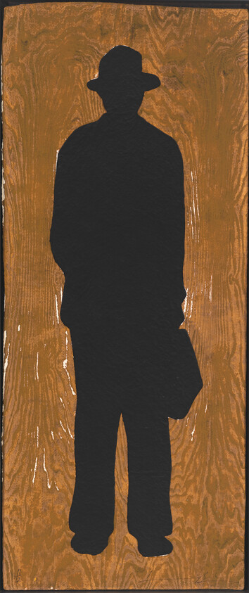Silhouette of a person wearing a hat and coat cut out from a wood grain background, creating a stark contrast between the dark figure and the textured wooden surface.