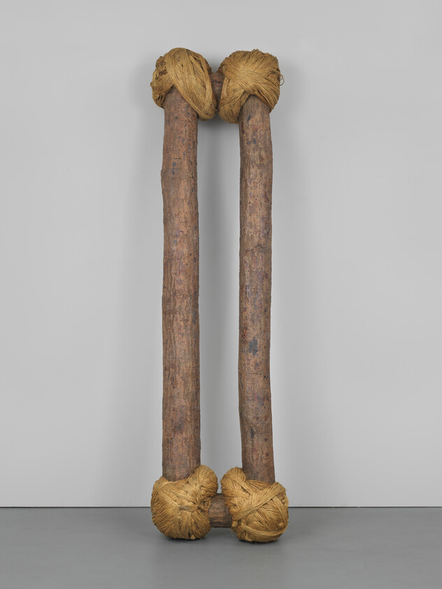 Two tall wooden posts standing upright with large yellow rope bindings at both ends.