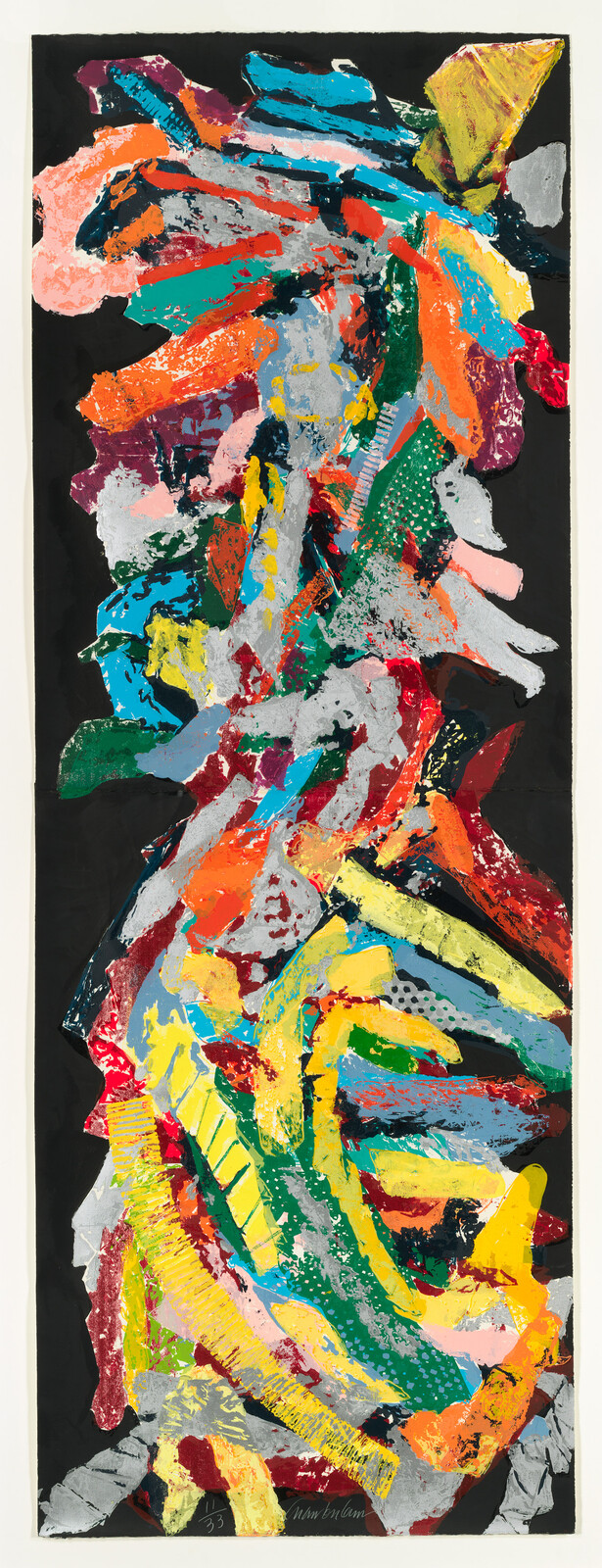A vibrant abstract painting featuring a dynamic composition of thick, textured brushstrokes in a variety of colors including red, blue, yellow, green, and orange on a black background. The strokes are layered and energetic, creating a sense of movement and chaos. The artwork is vertically oriented and has a signature at the bottom.