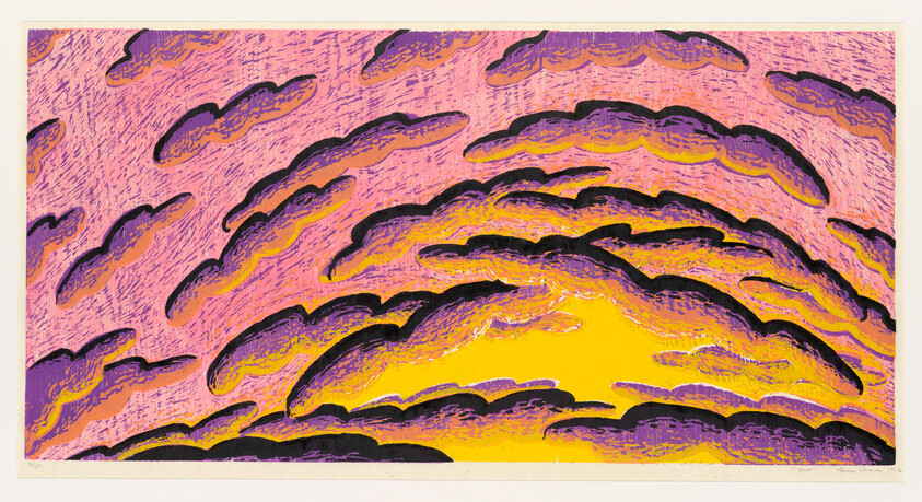 Stylized purple and black clouds scatter across a glowing yellow and pink sky.