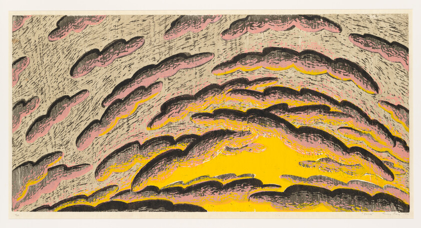 Dark stylized clouds sweep across a bright yellow sky at sunset.