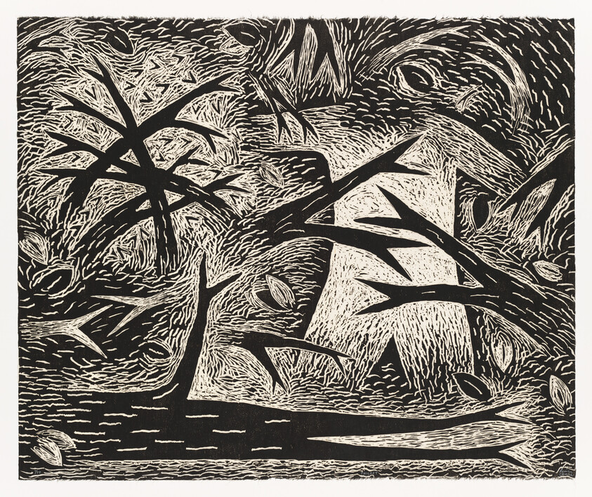 Dark silhouetted tree branches and trunks arch over a textured stream with a small boat.