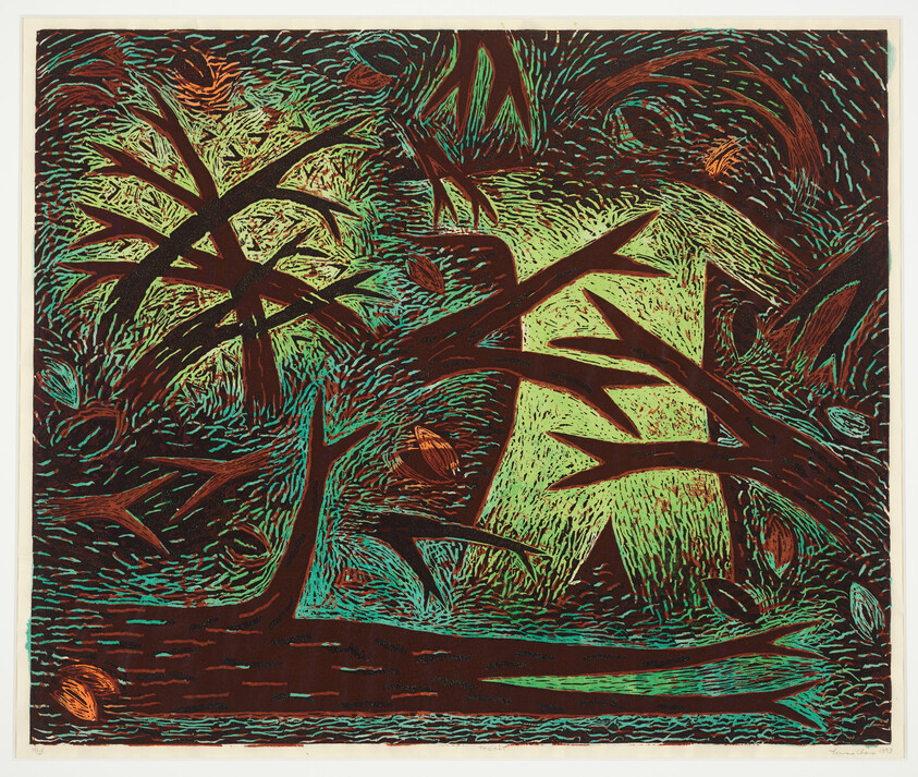 Dark twisted tree branches arch over a glowing green moonlike shape amid swirling lines.