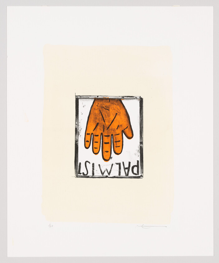 A graphic artwork featuring a pair of orange gloves with the fingers pointing downward, centered within a black square border. Below the gloves, the text "PHARM" is written upside down. The image is set against a beige square background, which is itself centered on a larger white paper canvas. The piece has a signature at the bottom right corner.
