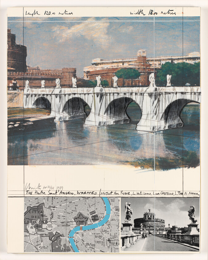 A collage featuring a concept for an art installation with the Ponte Sant'Angelo bridge in Rome wrapped in fabric, accompanied by a map highlighting the bridge's location and a photograph of the bridge with statues. Handwritten notes indicate dimensions and details of the project.