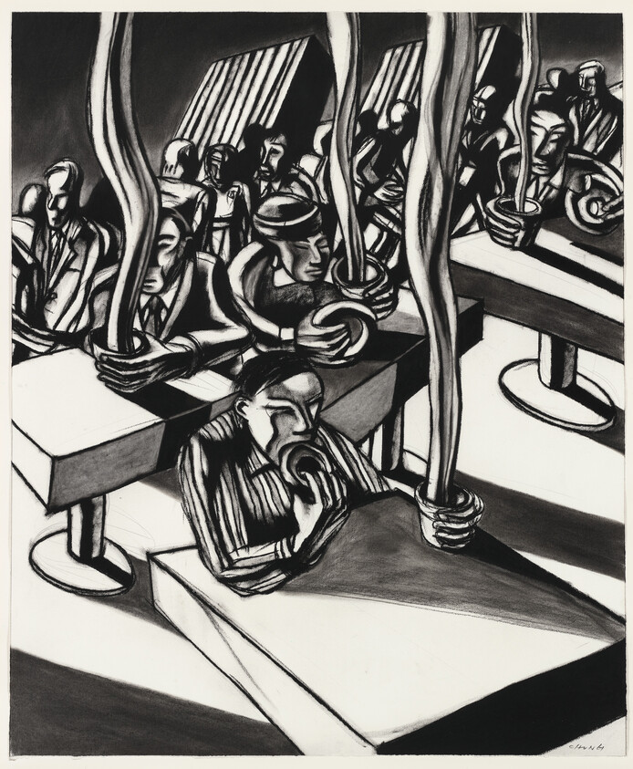 A crowded cafeteria scene with a man eating at a table while others sip steaming drinks.