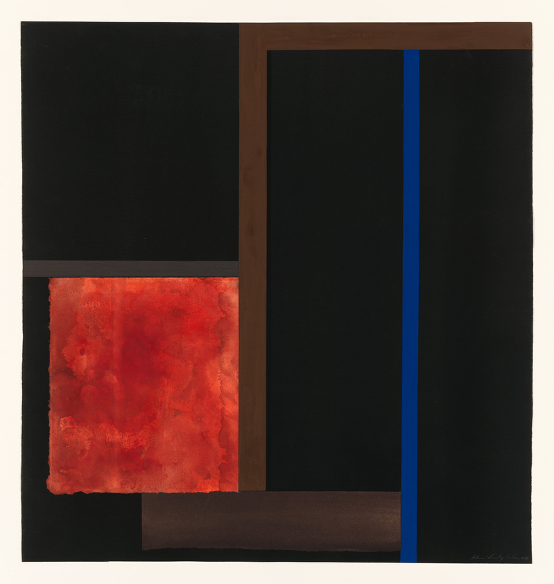 Abstract painting with a red textured square, black background, brown vertical and horizontal lines, and a blue vertical stripe on the right.