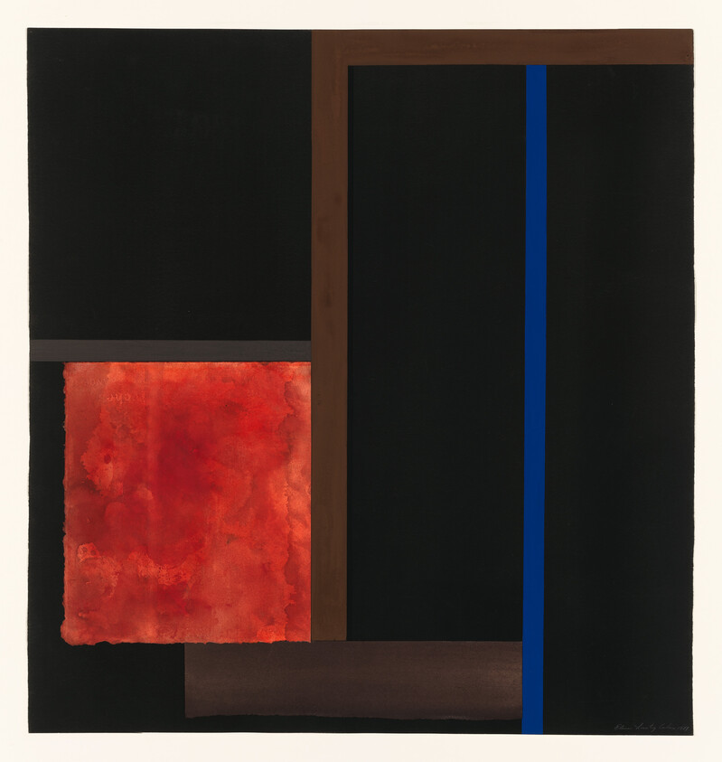 Black geometric artwork with a textured red square, brown bars, and a thin vertical blue stripe.