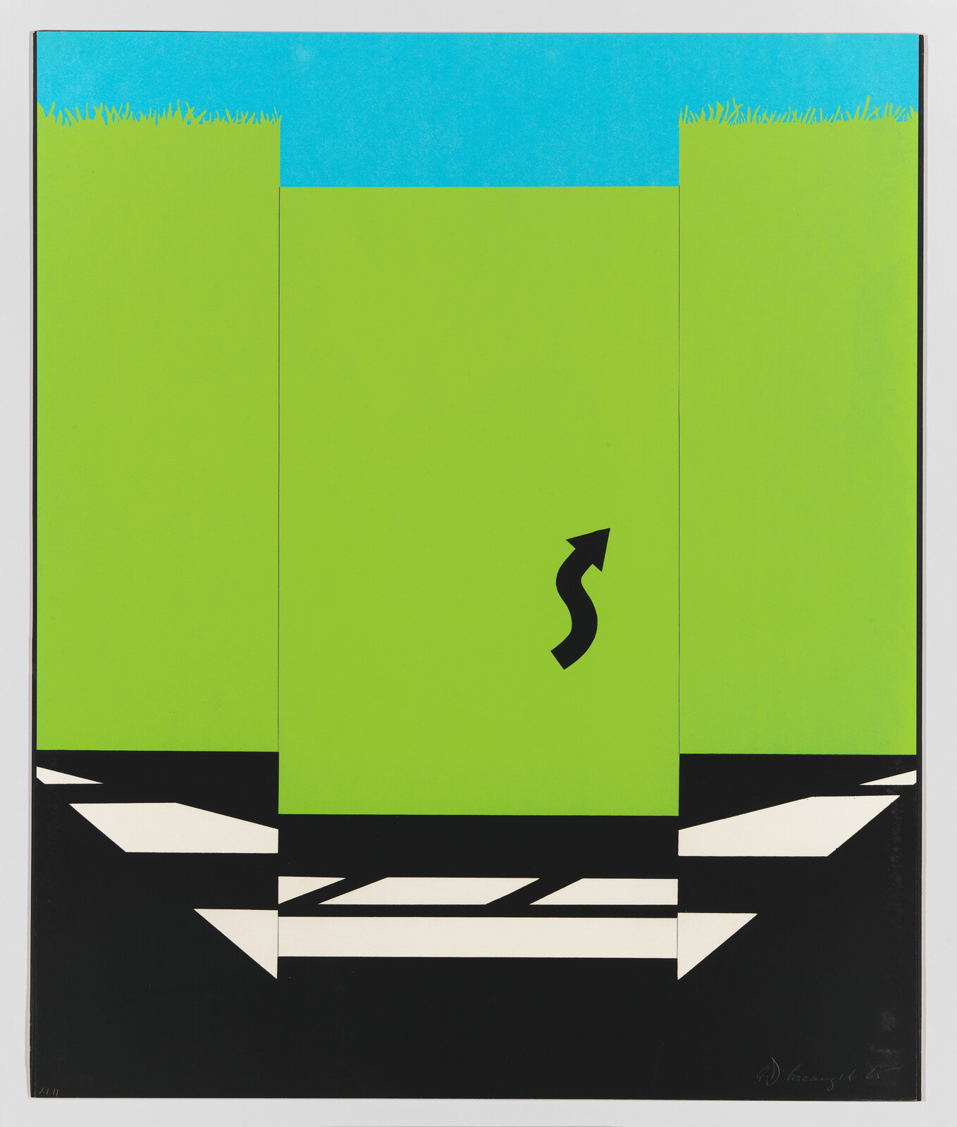 Large bright green panels with a black curved arrow and white geometric shapes on a black base.