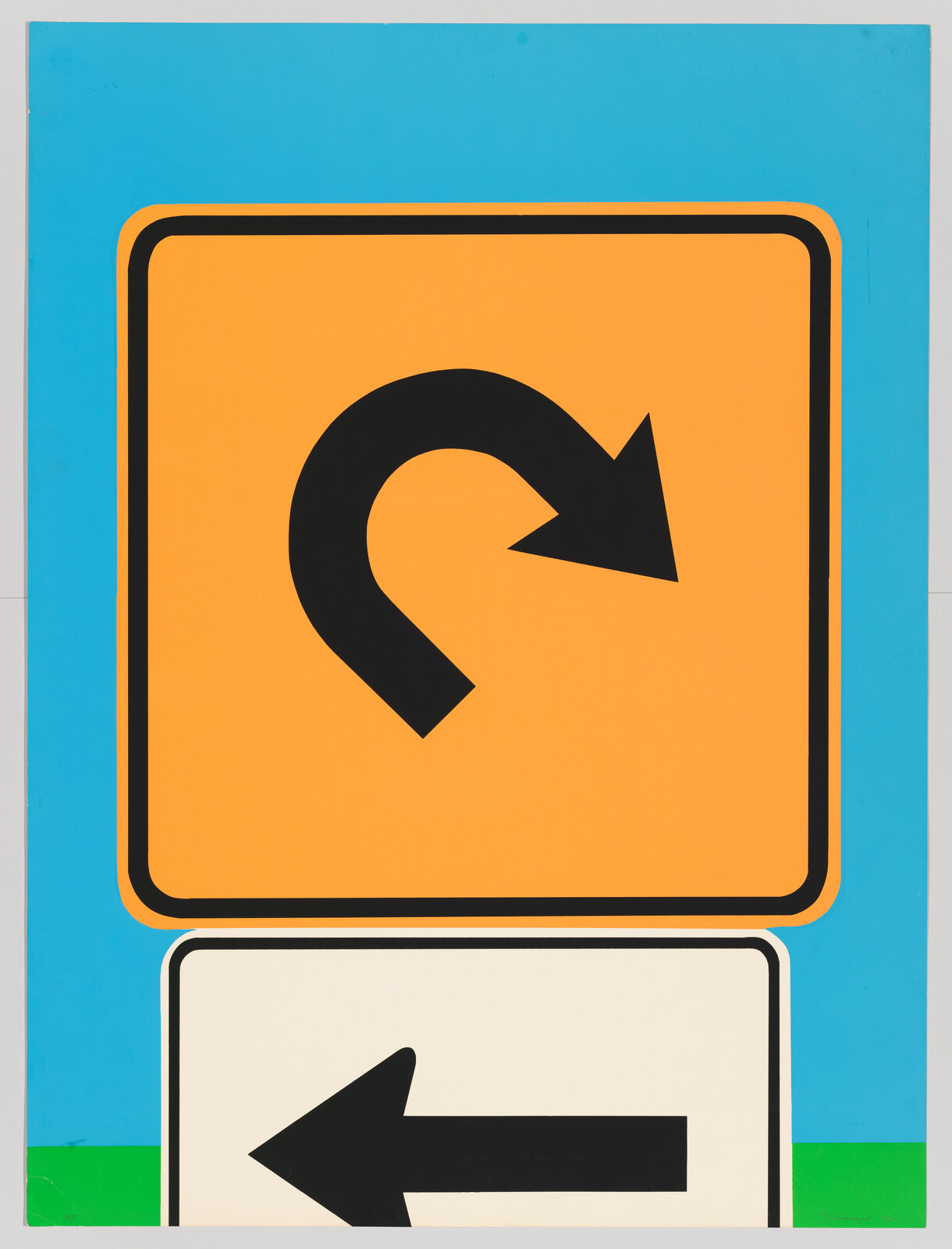 A traffic sign with a bright orange background and a bold black curved arrow pointing counterclockwise, indicating a U-turn, mounted above a smaller sign with a white background and a black arrow pointing left. The signs are set against a blue background with a thin green stripe at the bottom.