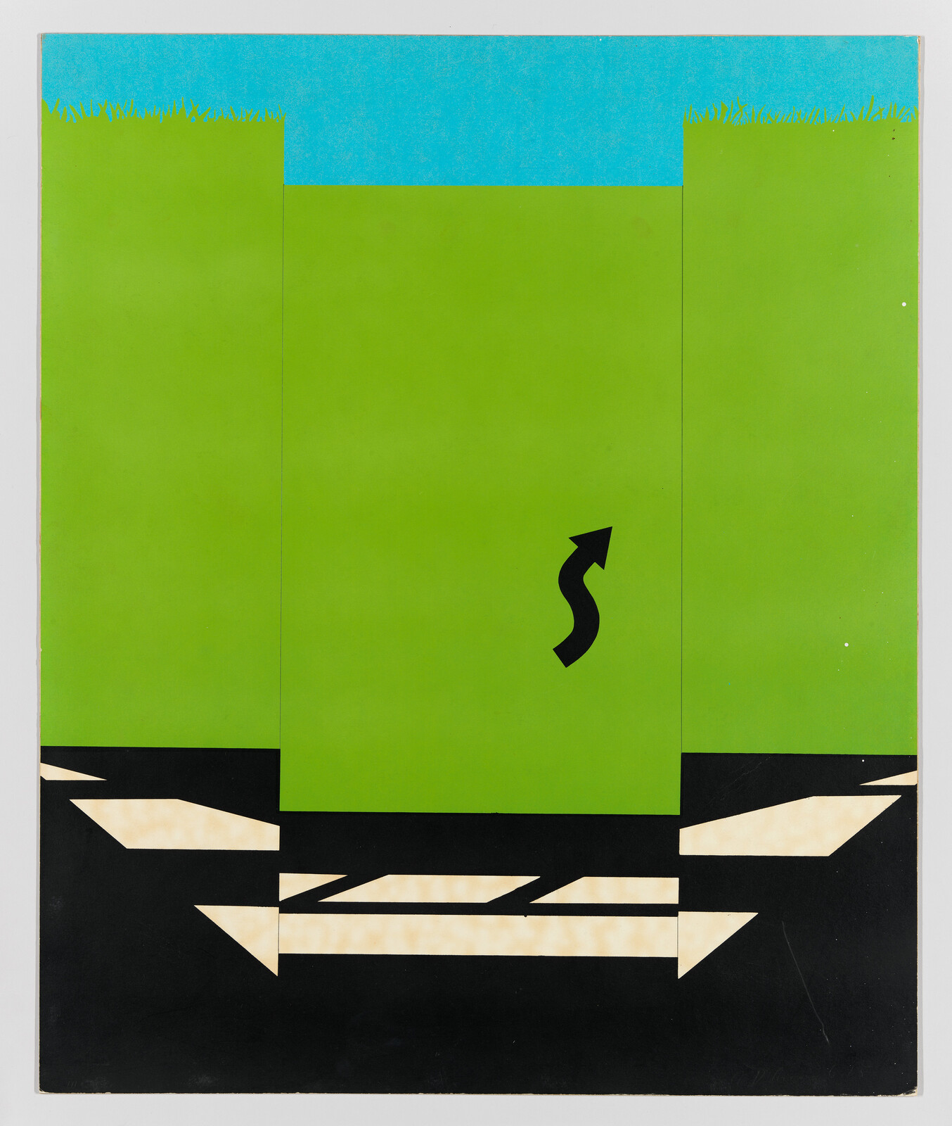 Large green panel with a black curved arrow above black ground and beige directional arrows.