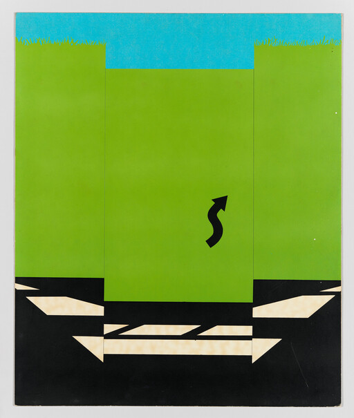 Large green panel with a black curved arrow above black ground and beige directional arrows.