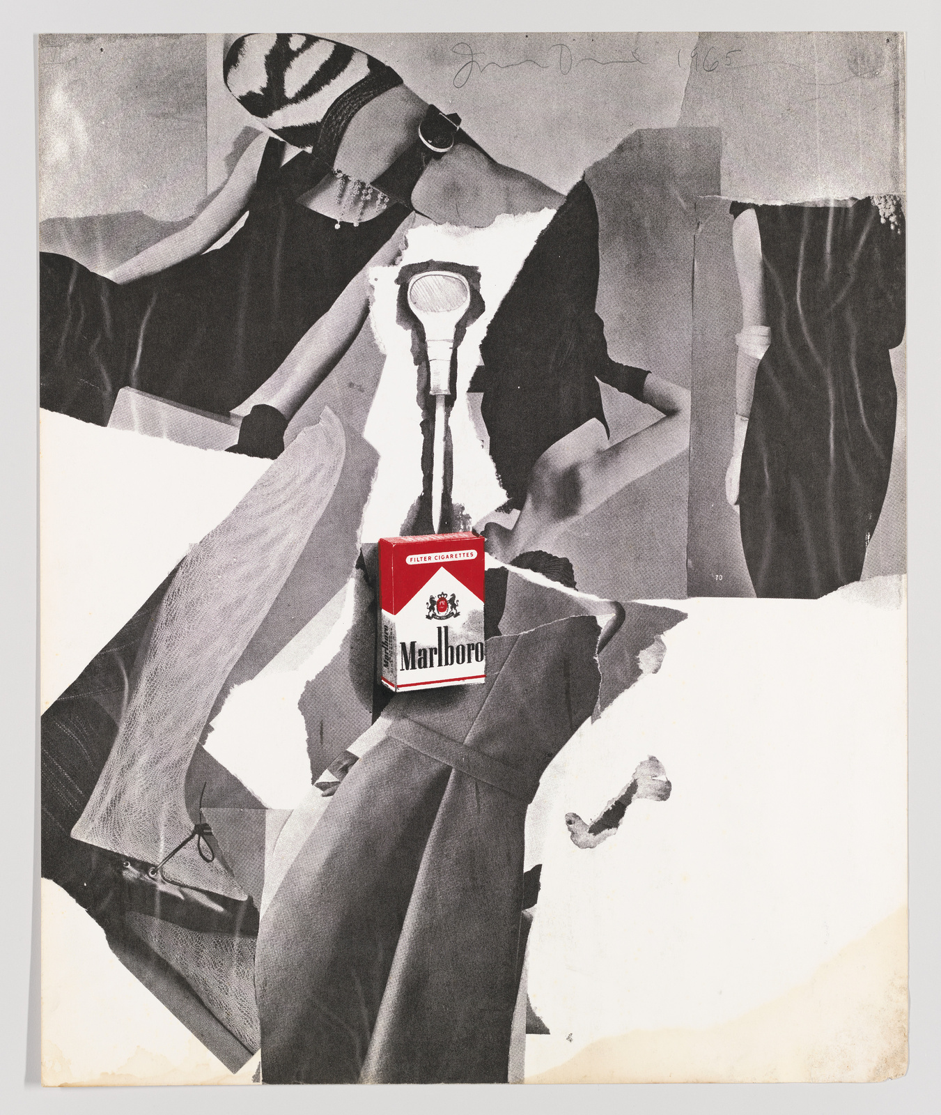 A black and white collage featuring various fragmented images of clothing and body parts with a central, colored pack of Marlboro cigarettes. The collage has a signature and date in the upper right corner.