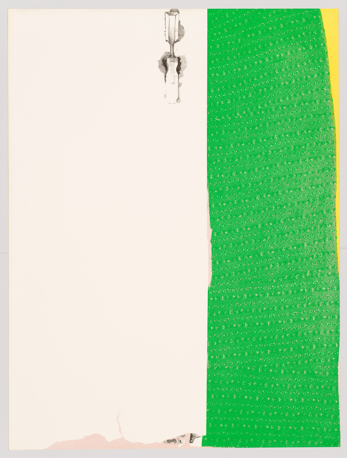 A modern art piece featuring a large white space on the left with a small, grayscale image of a faucet at the top center, and a bright green section with a repetitive pattern of white symbols on the right, bordered by a thin yellow vertical stripe. The bottom left corner of the white space shows signs of wear or damage.