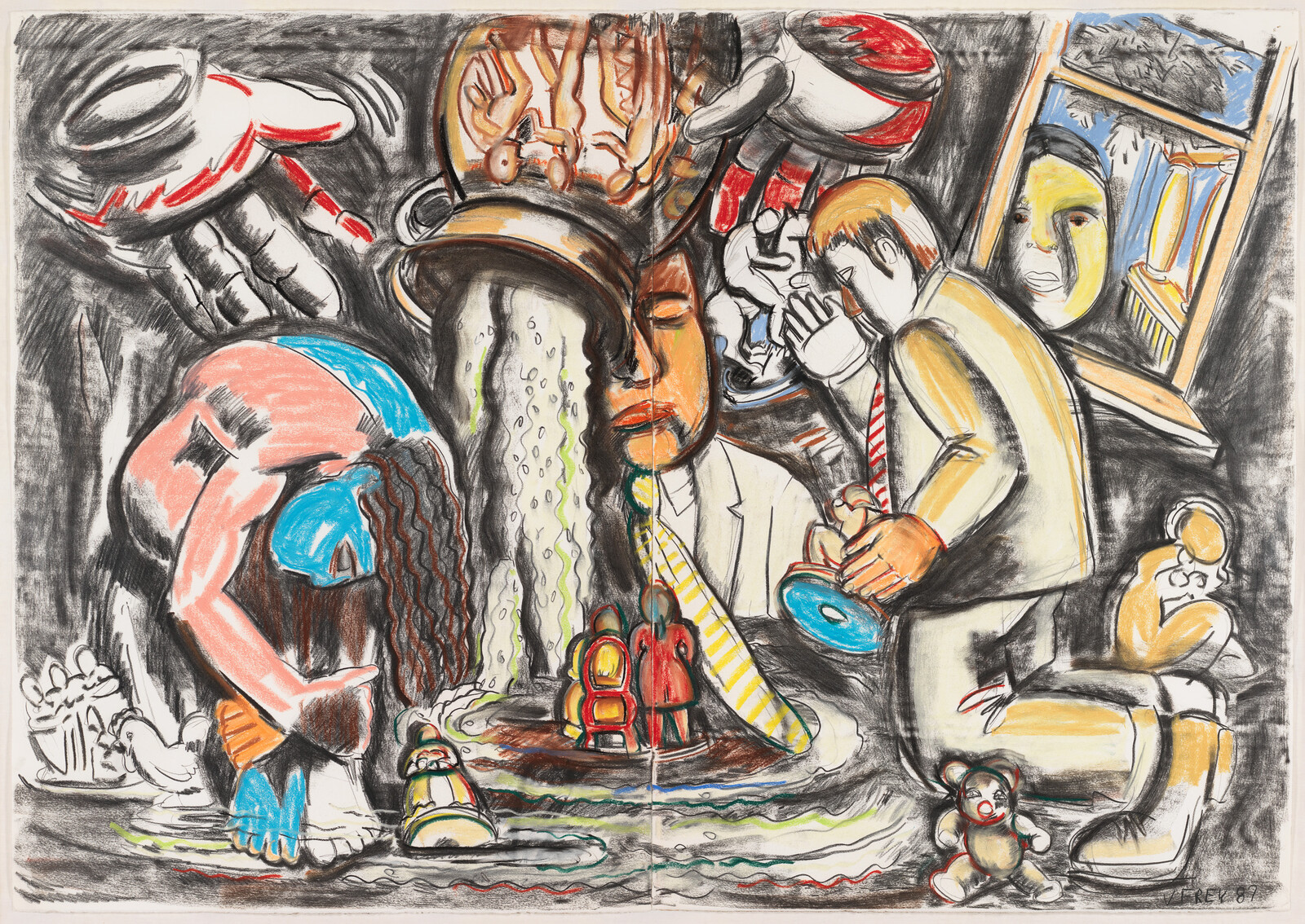 A man pours water from a bucket over a crying person while others kneel nearby.