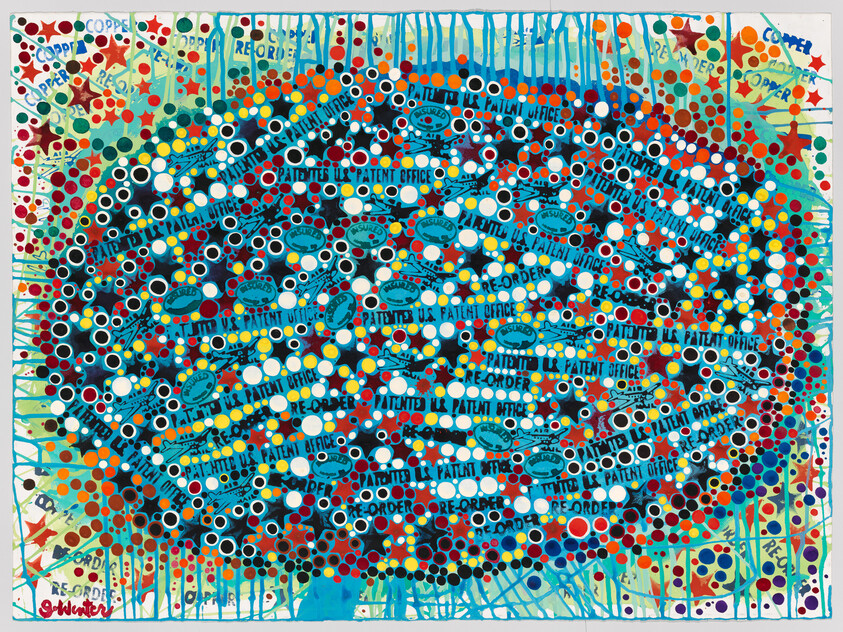 Bright abstract oval of colorful dots with repeated U.S. Patent Office and reorder stamps across it.