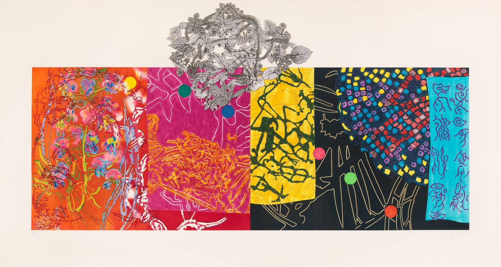 A wide, colorful abstract collage of four vertical panels with floral, geometric, and doodle patterns.