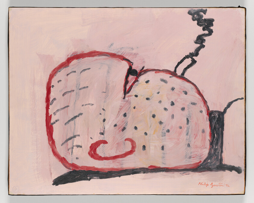 Abstract painting showing two rounded pink forms with red outlines and black speckles on a pink background.