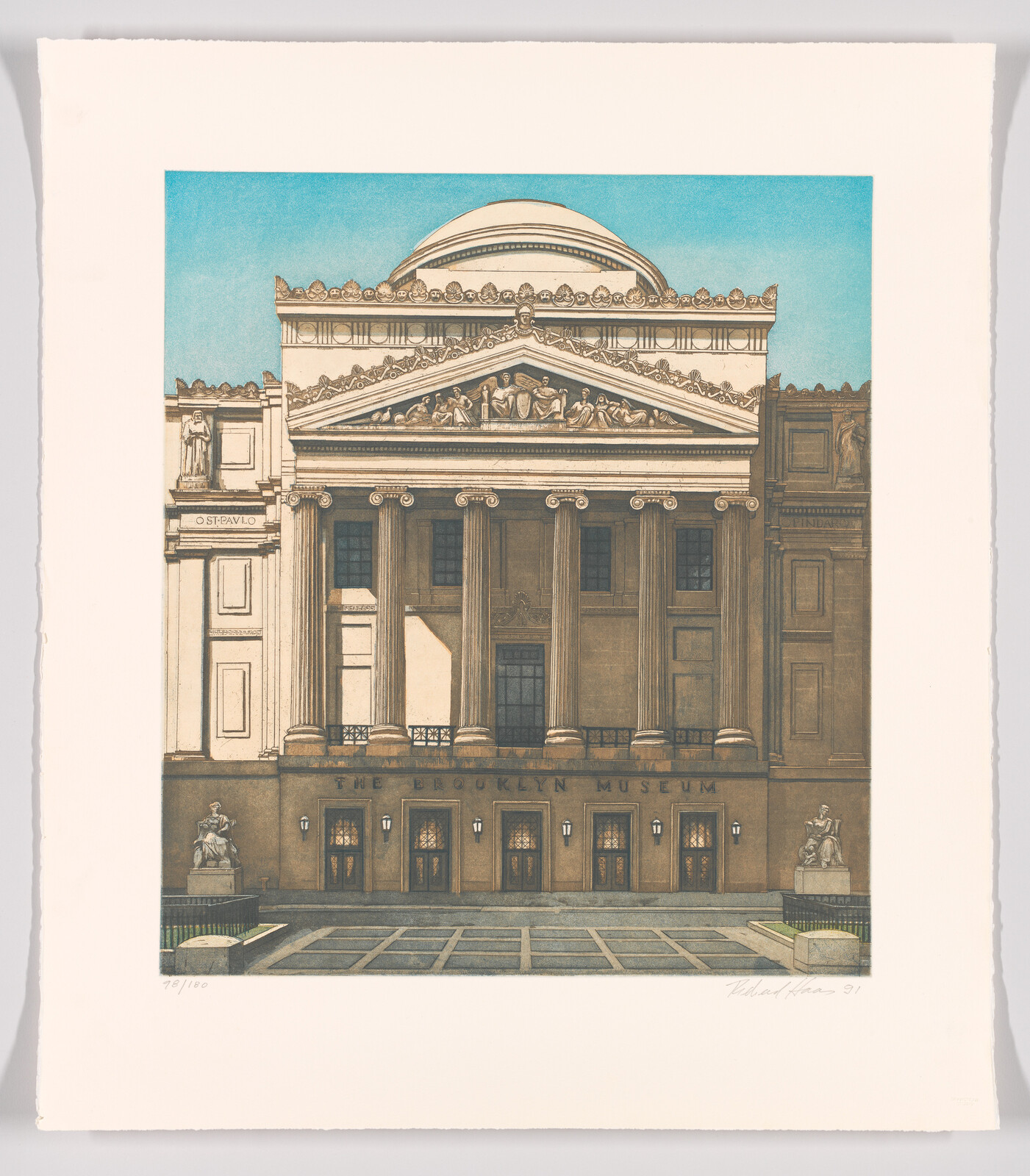 Neoclassical museum entrance with tall columns, pediment sculptures, and the inscription "The Brooklyn Museum."