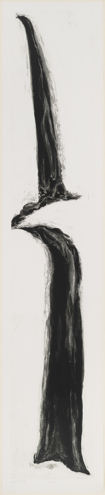 Two tall, flowing black ink strokes rise vertically on a white background, like waterfalls.