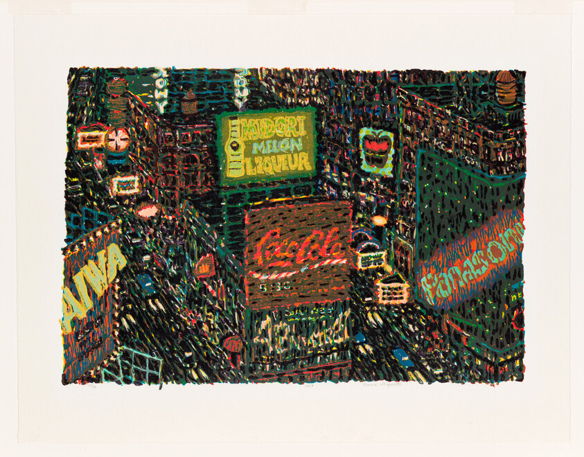 Nighttime city street scene with brightly lit billboards and neon signs above traffic.