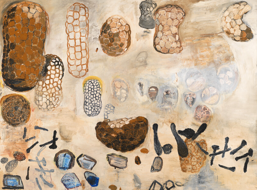 Abstract painting of brown honeycomb-like forms and scattered blue stone shapes on beige background.