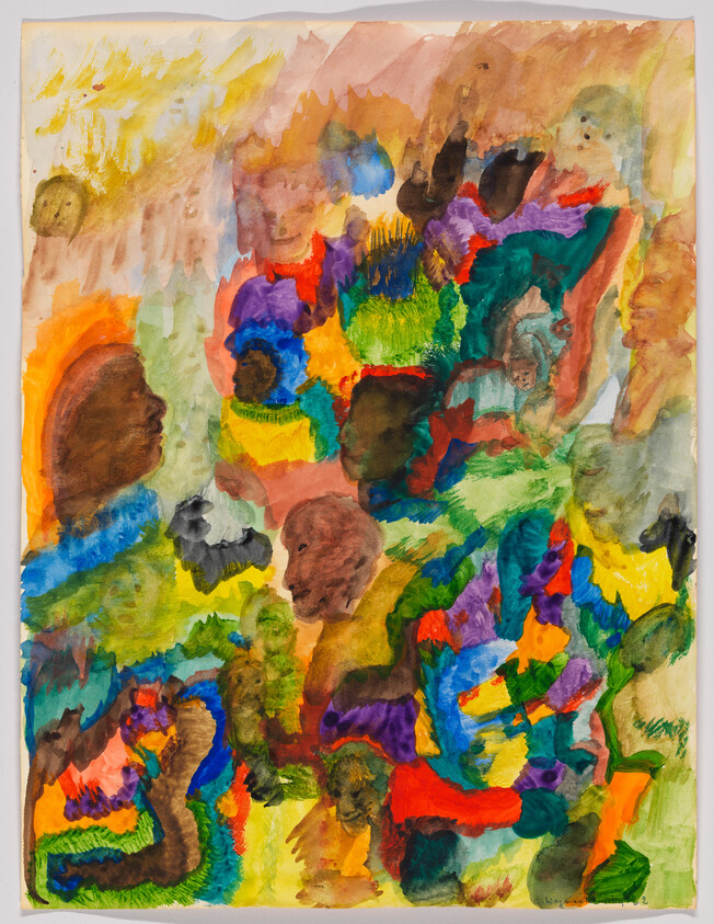 Colorful abstract watercolor with multiple overlapping human faces and organic shapes in vibrant hues.