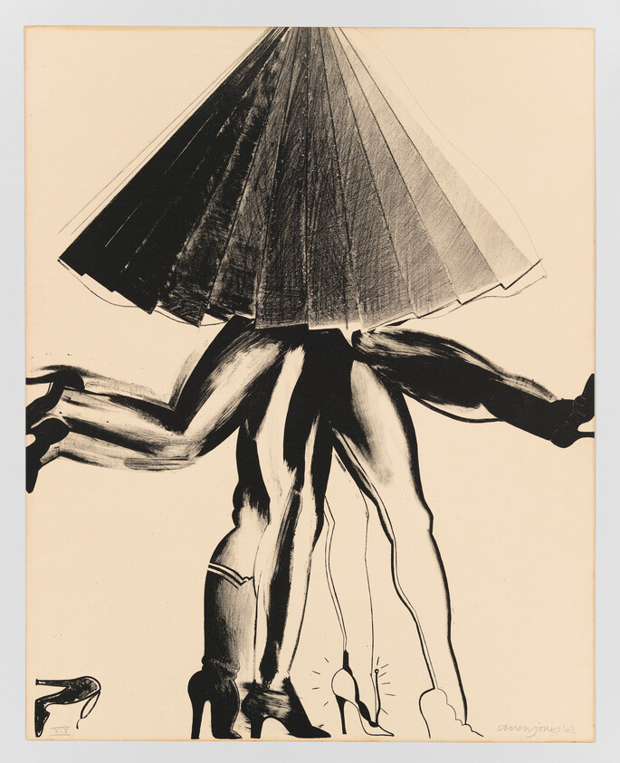 A stylized black and white artwork depicting the lower half of a person wearing high heels and a voluminous skirt that flares out dramatically at the waist, obscuring the upper body. The person's legs are elongated and exaggerated, with one shoe kicked off to the side. The image has a dynamic, almost abstract quality, with bold lines and contrasts.