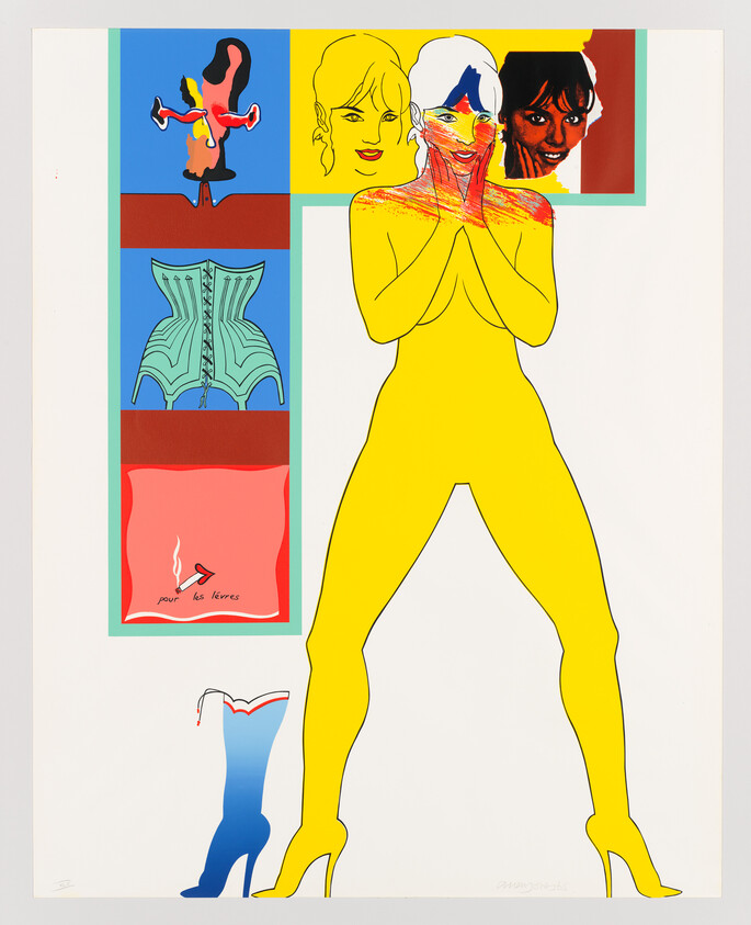 A bright yellow stylized woman stands with hands on her cheeks amid colorful fashion-themed panels.