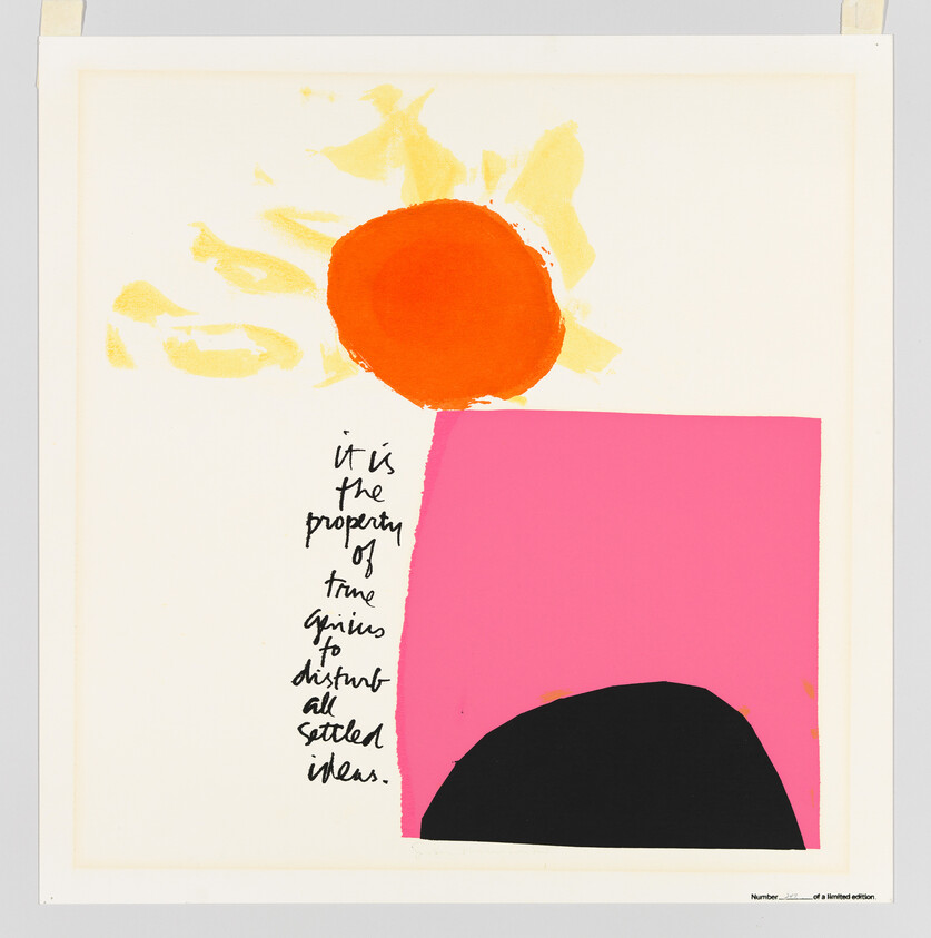 Bright orange sun above pink and black shapes, with handwritten text: “it is the property of true genius to disturb all settled ideas.”