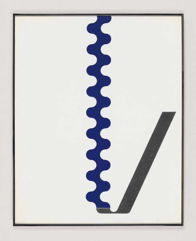 A wavy blue vertical line meets a thick black angled line on a plain white background.