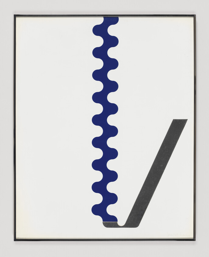 A minimalist abstract painting showing a vertical wavy blue column meeting a gray diagonal bar.