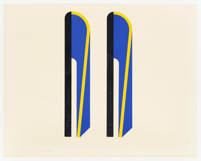 Two tall vertical blue shapes with black and yellow stripes on a light beige background.