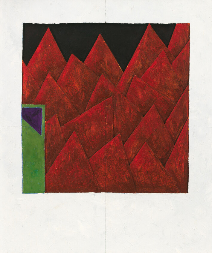 Abstract painting with red triangular shapes resembling mountains, a black sky, and a green rectangle with a purple triangle on the left.