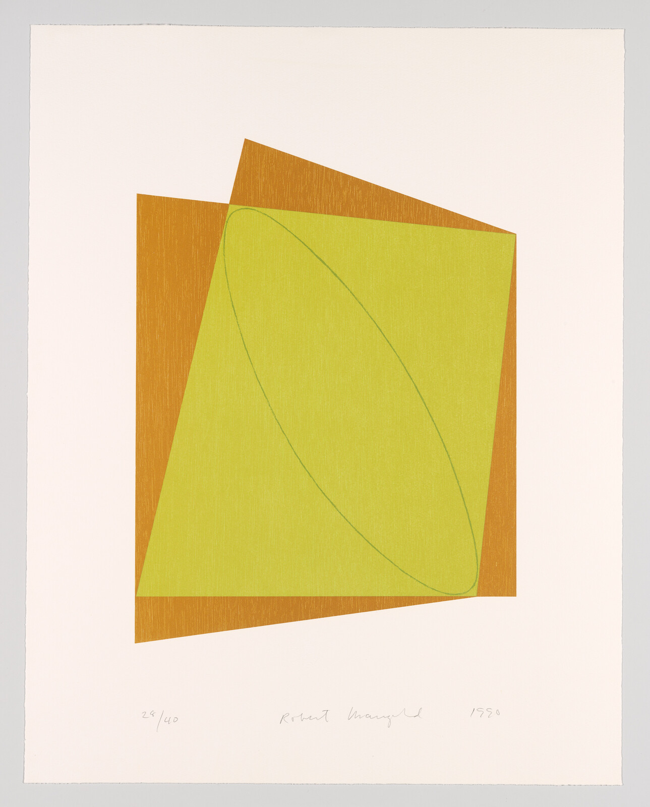 A geometric abstract print featuring two overlapping squares, one orange and one green, with a leaf-shaped figure in a lighter shade of green superimposed on top. The print is numbered 28/40 and signed "Robert Mangold 1993" at the bottom.