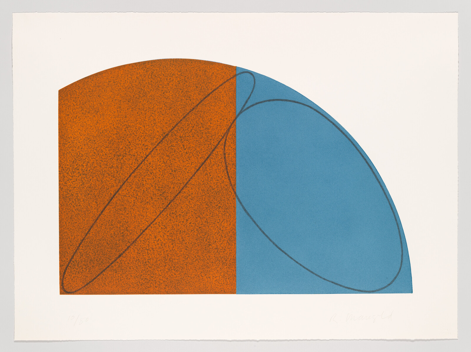 A print featuring abstract geometric shapes with a textured orange quarter-circle overlapping a smooth blue semi-circle, both containing a shared curved line, on a white background with artist's signature and edition number on the bottom.