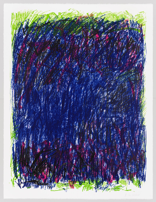 Dense blue and black scribbled square with pink accents and a bright green border.