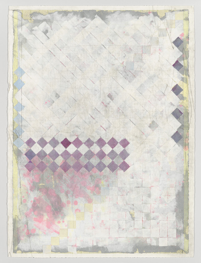 Faded abstract painting with a row of purple diamond shapes and soft pink and gray washes.