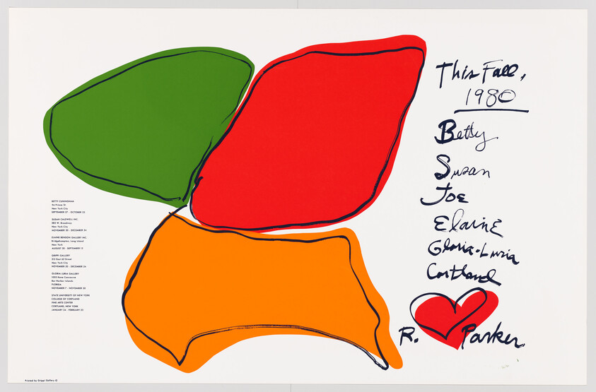 Three large abstract green, red, and orange shapes with handwritten names and "This Face, 1980" inscription.