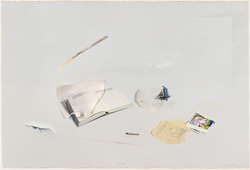 An open sketchbook lies on a pale surface with a paintbrush, crayon, small boat, and drawings.