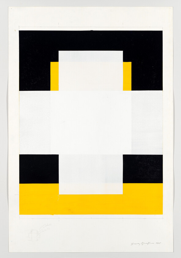A geometric abstract artwork featuring a central composition of nested squares and rectangles in black, white, and yellow, on a white background. The piece is signed and dated in the lower right corner.