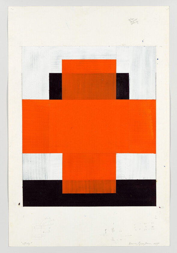 Bold orange cross-like rectangle centered on white background with black and gray horizontal bands.