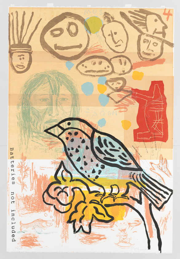 The outline of a bird on a branch, backdropped by floating abstract faces, orange-ish red scribbles, blue and yellow dots, and a more detailed person with a concerned expression.