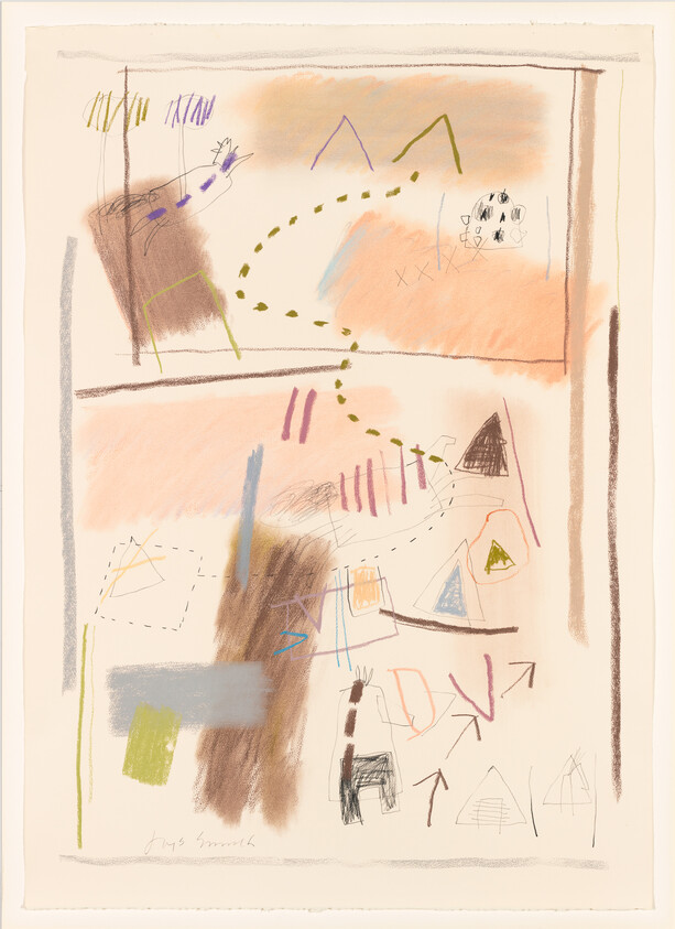 Abstract pastel drawing with scattered geometric shapes, scribbles, and a dotted green path winding across the paper.