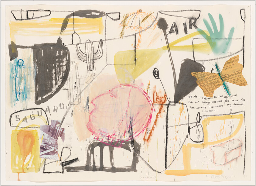 Abstract collage showing a large pink scribbled head, umbrella, cactus, and a butterfly labeled "air."