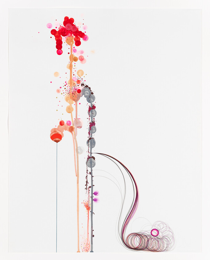 Tall abstract stems with colorful circular blobs and swirling lines at the base.